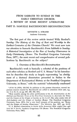 From Sabbath to Sunday in the Early Christian Church: a Review of Some Recent Literature Part 11: Samuele Bacchiocchi's Reconstruction