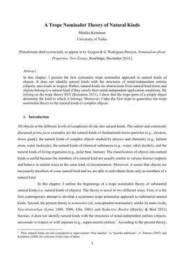 A Trope Nominalist Theory of Natural Kinds Markku Keinänen University of Turku