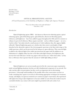 OPTICAL BRIGHTENING AGENTS a Visual Examination of the Solubility of Brighteners in Paper After Aqueous Treatment