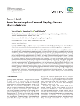 Research Article Route Redundancy-Based Network Topology Measure of Metro Networks