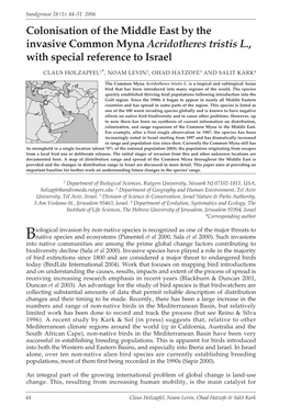 Colonisation of the Middle East by the Invasive Common Myna Acridotheres Tristis L., with Special Reference to Israel