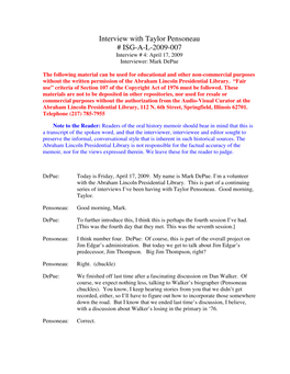 Interview with Taylor Pensoneau # ISG-A-L-2009-007 Interview # 4: April 17, 2009 Interviewer: Mark Depue
