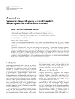 Research Article Geographic Spread of Gnamptogenys Triangularis (Hymenoptera: Formicidae: Ectatomminae)