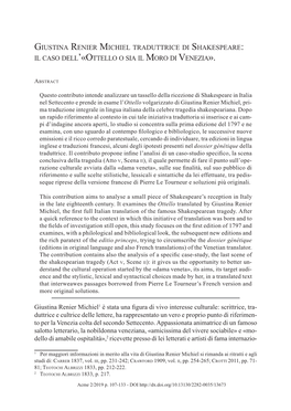 Giustina Renier Michiel Traduttrice Di Shakespeare: Il Caso Dell’«Ottello O Sia Il Moro Di Venezia»