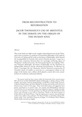 From Reconstruction to Reformation Jacob Thomasius's Use of Aristotle In