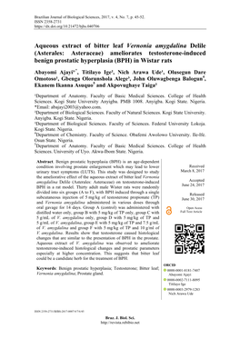 Aqueous Extract of Bitter Leaf Vernonia Amygdalina Delile