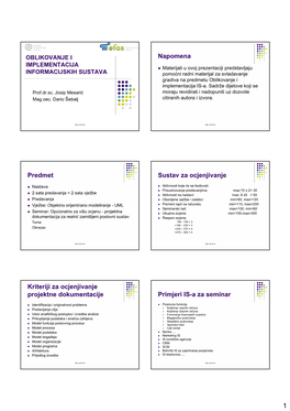 Napomena Predmet Sustav Za Ocjenjivanje Kriteriji Za Ocjenjivanje