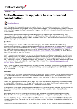 Biotie-Newron Tie up Points to Much-Needed Consolidation