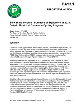 Bike Share Toronto - Purchase of Equipment in 2020, Ontario Municipal Commuter Cycling Program