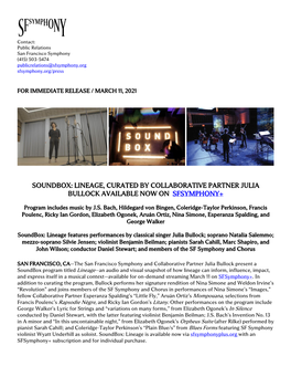 Soundbox: Lineage, Curated by Collaborative Partner Julia Bullock Available Now on Sfsymphony+