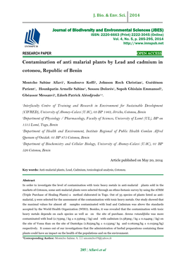 Contamination of Anti Malarial Plants by Lead and Cadmium in Cotonou, Republic of Benin