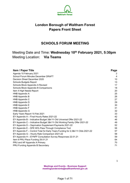 London Borough of Waltham Forest Papers Front Sheet SCHOOLS FORUM MEETING Meeting Date and Time: Wednesday 10Th February 2021, 5