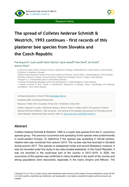 The Spread of Colletes Hederae Schmidt & Westrich, 1993 Continues – First Records of This Plasterer Bee Species from Slovakia and the Czech Republic