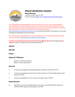 PROVO MUNICIPAL COUNCIL Work Meeting 1:00 PM, Tuesday, May 05, 2020 Electronic Meeting