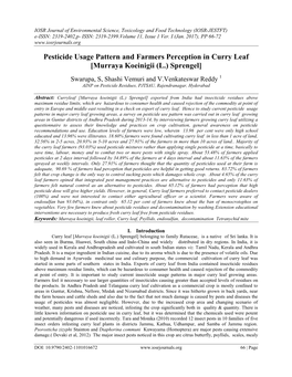 Pesticide Usage Pattern and Farmers Perception in Curry Leaf [Murraya Koeinigii (L.) Sprengel]