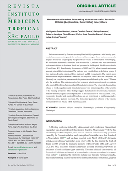 Hemostatic Disorders Induced by Skin Contact with Lonomia Obliqua (Lepidoptera, Saturniidae) Caterpillars