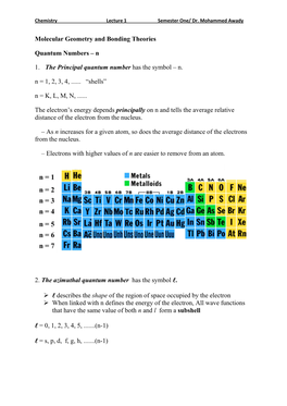 Molecular Geometry and Bonding Theories Quantum Numbers – N 1