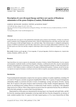 Zootaxa, Description of a New Divergent Lineage