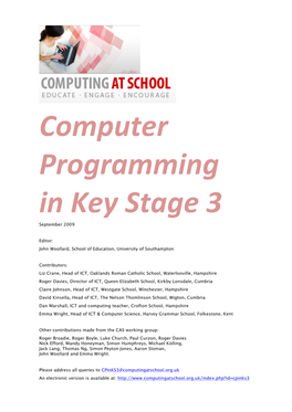 Computer Programming in Key Stage 3 September 2009