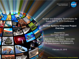 2015 Conference Nuclear Systems Kilopower Project Overview