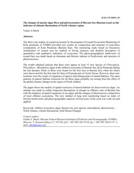 The Changes of Marine Algae Flora and Phytocenosises of Barents Sea (Russian Coast) As the Indicator of Climatic Fluctuations of North Atlantic Region