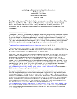 Justice Hugo L. Black: a Former Law Clerk Remembers Nicholas Johnson Federal Bar Association Oklahoma City, Oklahoma May 22, 2014