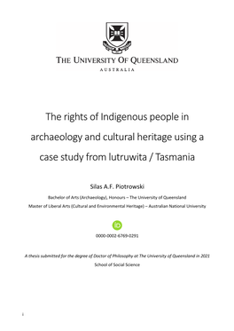 The Rights of Indigenous People in Archaeology and Cultural Heritage Using a Case Study from Lutruwita / Tasmania