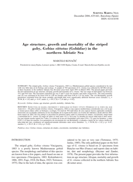 Age Structure, Growth and Mortality of the Striped Goby, Gobius Vittatus (Gobiidae) in the Northern Adriatic Sea