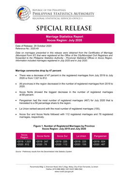 Marriage Statistics Report Ilocos Region: July 2020