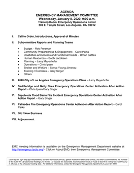 AGENDA EMERGENCY MANAGEMENT COMMITTEE Wednesday, January 8, 2020, 9:00 A.M