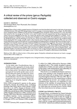 A Critical Review of the Prions (Genus &lt;Em Class="Sciname"&gt;Pachyptila&lt;/Em&gt; Collected and Observed on Cook