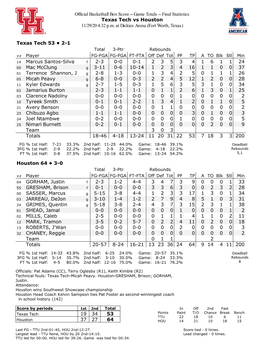 Official Basketball Box Score -- Game Totals -- Final Statistics Texas Tech Vs Houston 11/29/20 4:32 P.M