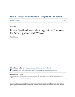 Recent South African Labor Legislation: Assessing the New Rights of Black Workers Mark Wiseman