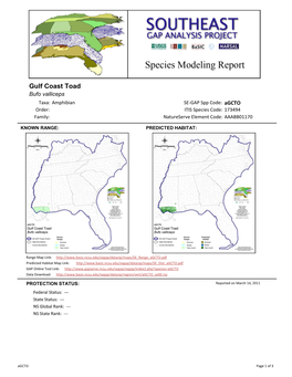 Gulf Coast Toad Bufo Valliceps Taxa: Amphibian SE-GAP Spp Code: Agcto Order: ITIS Species Code: 173494 Family: Natureserve Element Code: AAABB01170