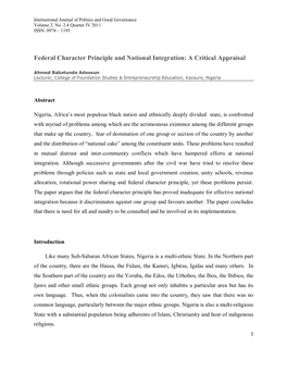 Federal Character Principle and National Integration: a Critical Appraisal