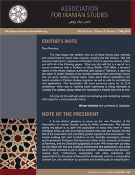 ASSOCIATION for IRANIAN STUDIES انجمن ایران پژوهی AIS Newsletter Volume 38, Number 1 May 2017