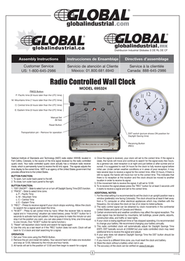 Radio Controlled Wall Clock MODEL 695324 PMCE Button P: Pacific Time (8 Hours Later Than the UTC Time)