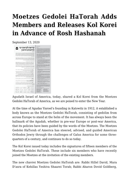Moetzes Gedolei Hatorah Adds Members and Releases Kol Korei in Advance of Rosh Hashanah