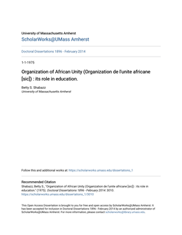 (Organization De L'unite Africane [Sic]) : Its Role in Education