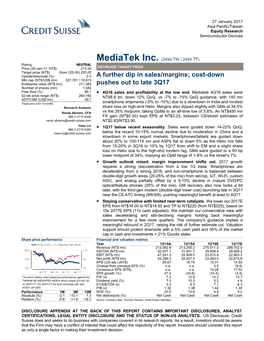 A Further Dip in Sales/Margins; Cost-Down Pushes out to Late 3Q17