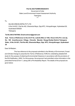 File No.SIA/TG/MIN/40628/2019 Goverment of India State Level Environment Impact Assessment Authority Telangana ***
