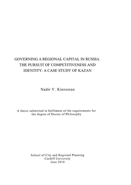 Governing a Regional Capital in Russia. the Pursuit of Competitiveness and Identity: a Case Study of Kazan