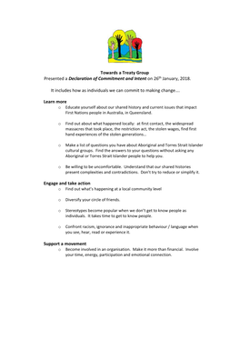 Towards a Treaty Group Presented a Declaration of Commitment and Intent on 26Th January, 2018. It Includes How As Individuals We