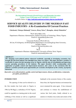 SERVICE QUALITY DELIVERY in the NIGERIAN FAST FOOD INDUSTRY- a Re-Examination of Current Practices