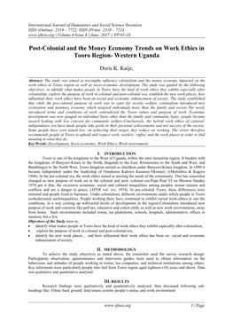 Post-Colonial and the Money Economy Trends on Work Ethics in Tooro Region- Western Uganda