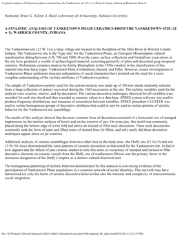 A Stylistic Analysis of Yankeetown Phase Ceramics from the Yankeetown Site (12 W 1), Warrick County, Indiana by Redmond, Brian G