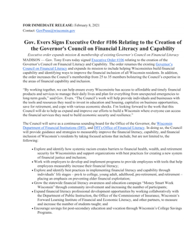 Gov. Evers Signs Executive Order #106 Relating to the Creation of The