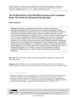 The Mythical Power of the Dual River-System of the Carpathian Basin: the Notion of a Hungarian Mesopotamia.” Hungarian Cultural Studies