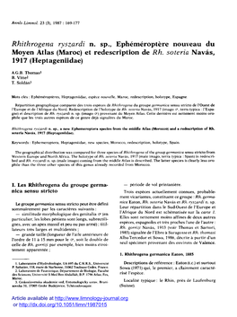 Rhithrogena Ryszardi N. Sp., Ephéméroptère Nouveau Du Moyen Atlas (Maroc) Et Redescription De Rh