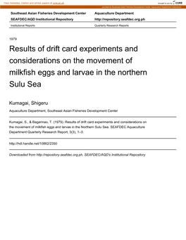 Results of Drift Card Experiments and Considerations on the Movement of Milkfish Eggs and Larvae in the Northern Sulu Sea
